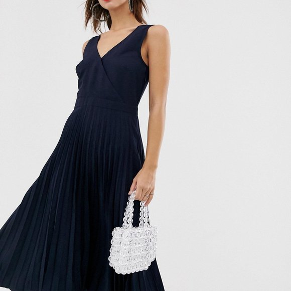 WAREHOUSE NAVY BLUE PLEATED V NECK MIDI DRESS - Picture 2 of 9